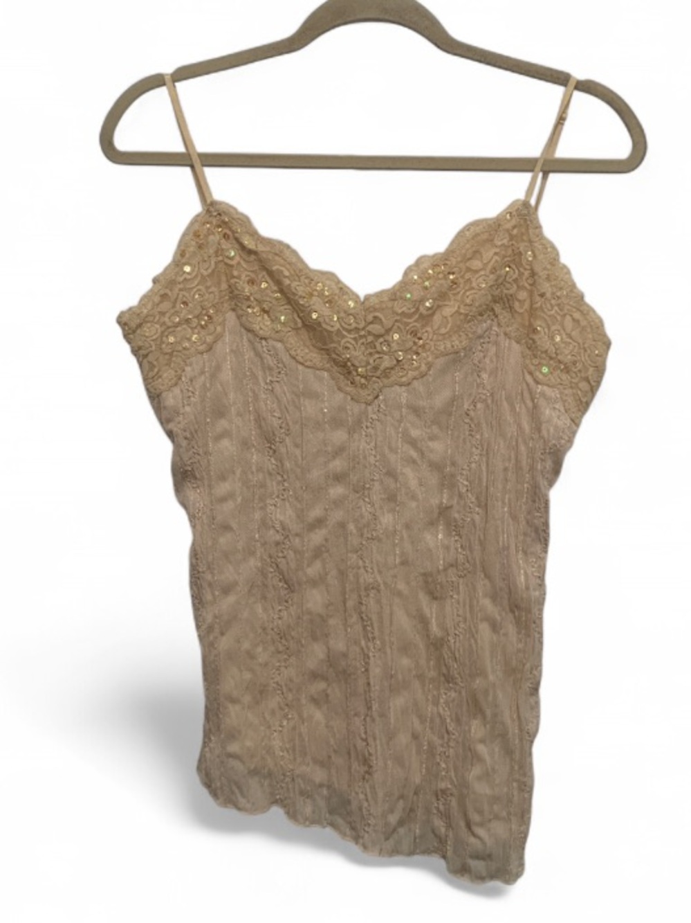 Y2K Cream Sequin Lace Trim Cami Tank Top